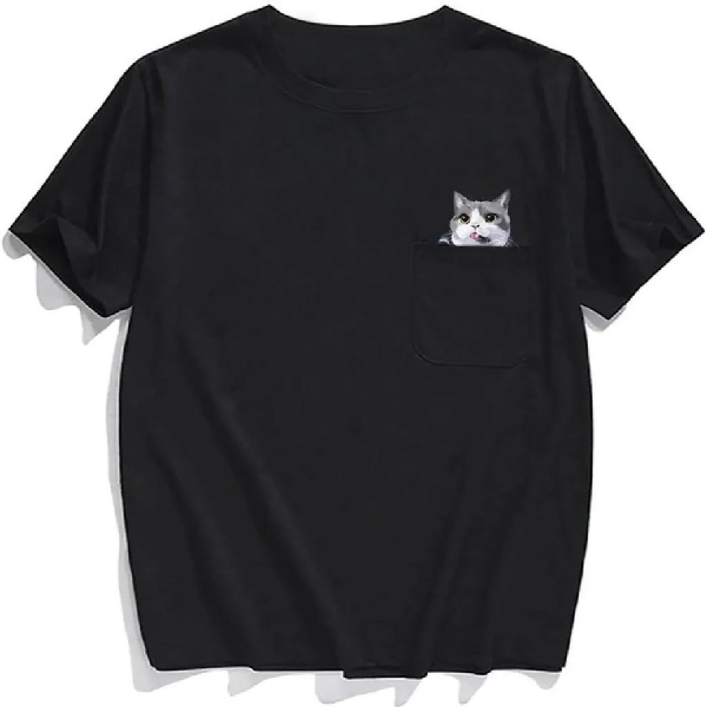 T-Shirt Divertente con Gatto Stampato e Dito Medio Nascosto, T-Shirt Divertente con Gatto e Tasca Dito Medio per Amanti dei Gatti