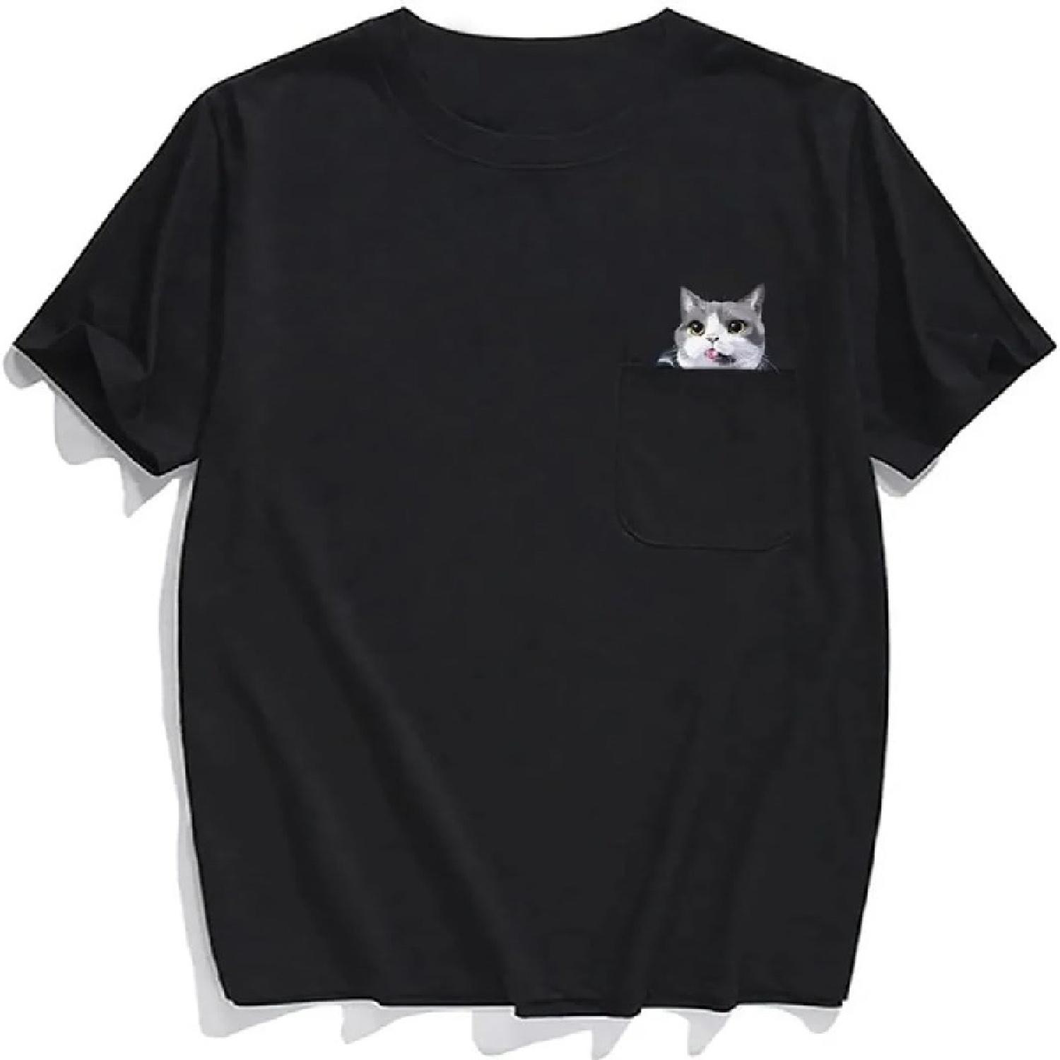 Hidden Middle Finger Signed Funny Cat Printed T-Shirt, Cat Middle Finger Pocket Funny Cat T-Shirt for Cats Lover S