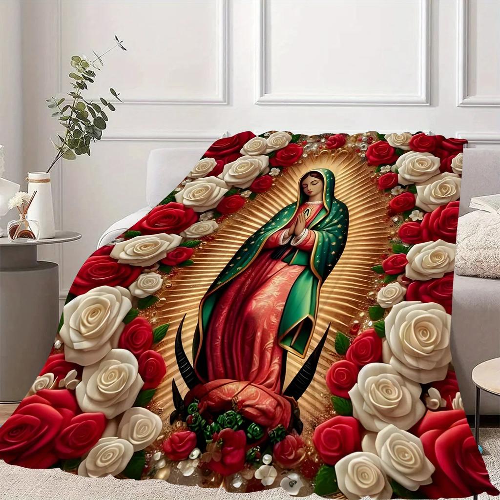 Virgin Mary with Roses Pattern Flannel Throw Blanket, All-Season Multipurpose for Home Decor, Nap,Office Shawl,Sofa,Travel