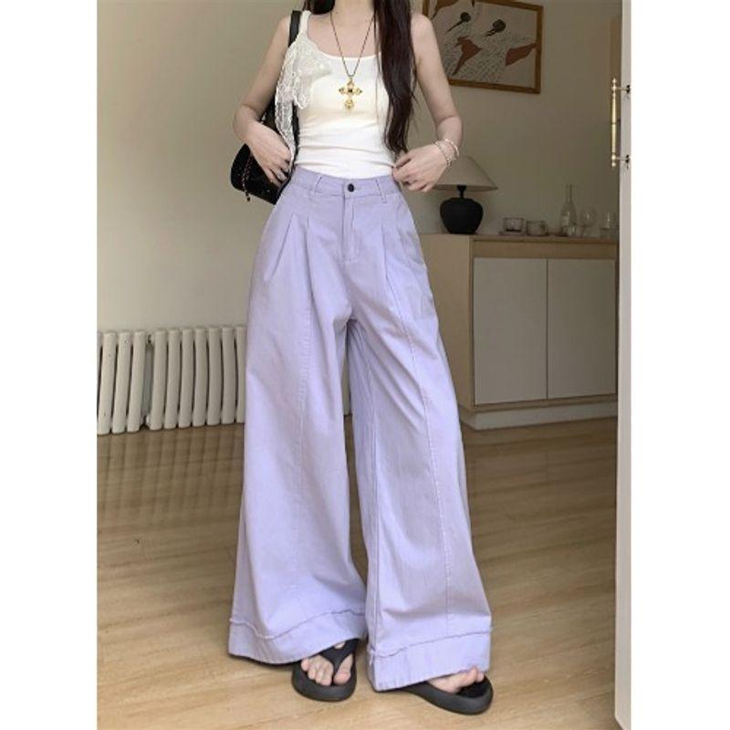 Kumikumi Idle Style Purple Casual Pants Loose Pants Women Fall High Waist Baggy Straight Trousers Mop Pants Pants