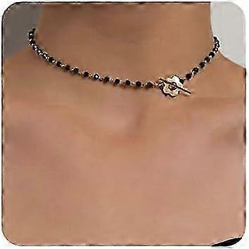 2025 (Gold) Dainty Boho Flower Short Choker Necklace Simple Black Crystals Choker Necklaces for Women