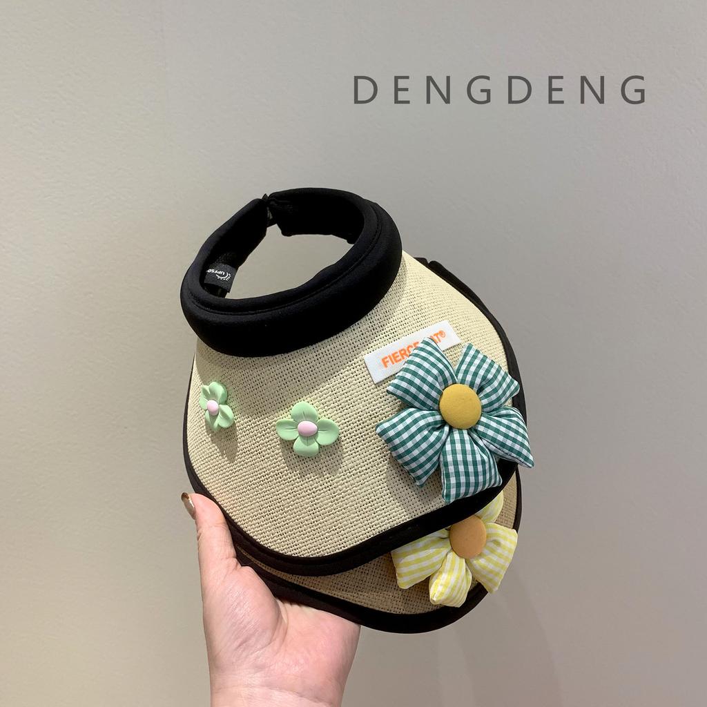 Three Little Flowers Children's Sunscreen Hat Baby Shade Empty Top Hat Summer Shell Hat Women's UV Protection Straw Hat