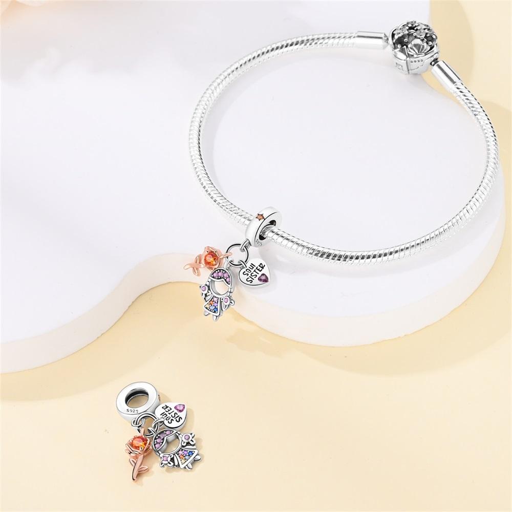 Authentic Charm Bead Charms copper Sweetheart Collection Sister Triple Pendant Set Bead Charms Compatible With Bracelets Women Jewellery Making Diy Gi