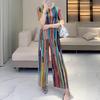 Rainbow Stripe Pleated Two-Piece Set: Round Neck Top & Loose Straight-Leg Pants for Women