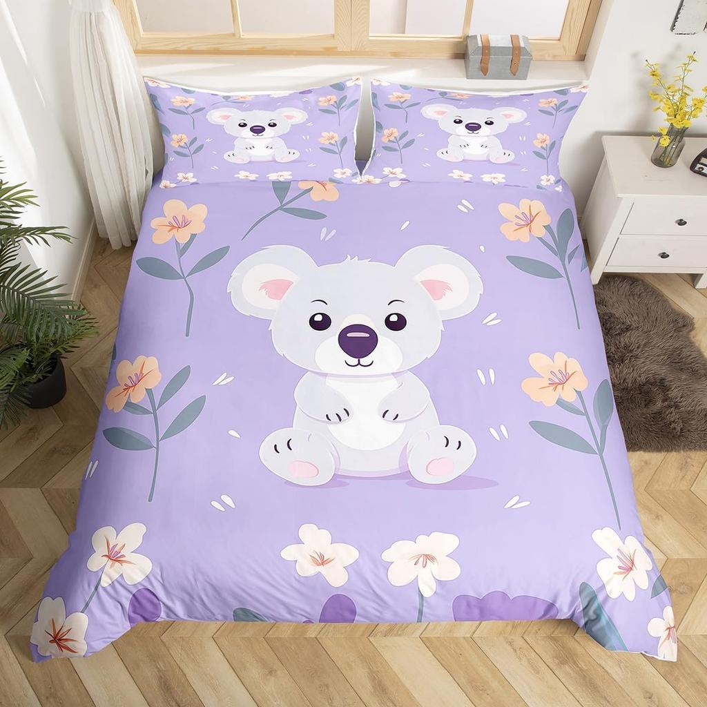 Cartoon Koala Duvet Cover Microfiber Cute Animal Bedding Set Botanical Leaves Comforter Cover For Boys Girls Children Room Decor
