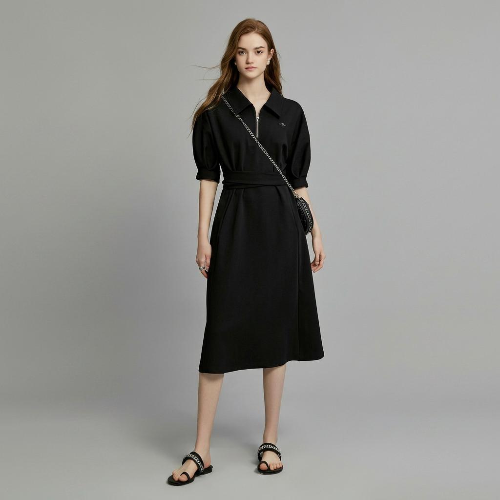 ELLE Polo Collar Design High Waist Midi Dress Slim Fit Elegant Short Sleeve Dress Women Dresses EL34321