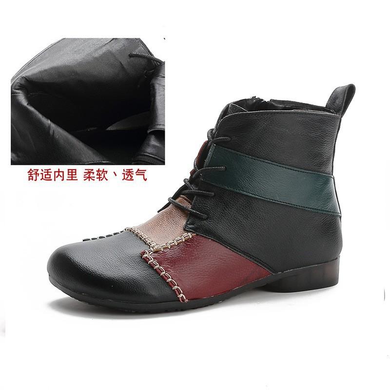 

Зимние верхние кожаные повседневные короткие ботинки на низком каблуке в этническом стиле с цветовыми блоками из натуральной кожи теплые и удобные 38