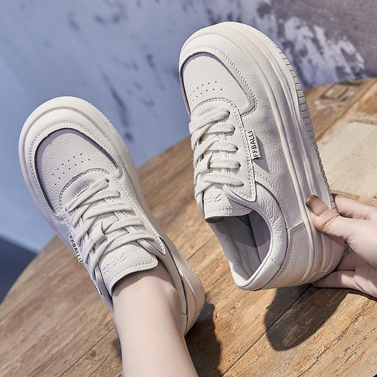 Leather Little White Shoes Women's Spring and Summer New Women's Thick-soled Versatile Muffin Round Head Thick-soled Soft-soled Casual Board Shoes