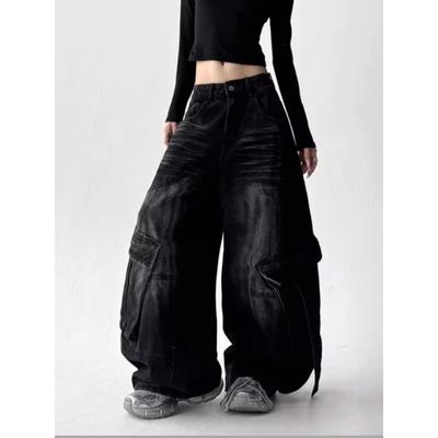 American Retro Y2K Style Washed Distressed Blue Baggy Women's Cargo Jeans Pants for Woman Clothing Wide Leg Denim Trousers