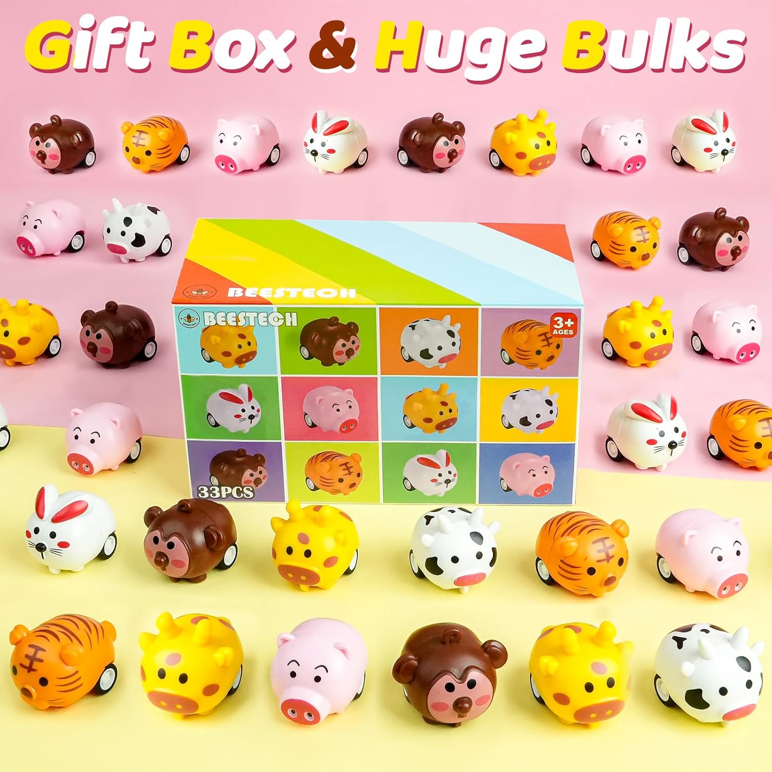 33 Pcs Mini Animal Pull Back Toy Cars for Boys Girls Kids Toddlers, Party Favors Teacher Classroom Treasure Box Prizes, Pinata Fillers, Goodie Bag