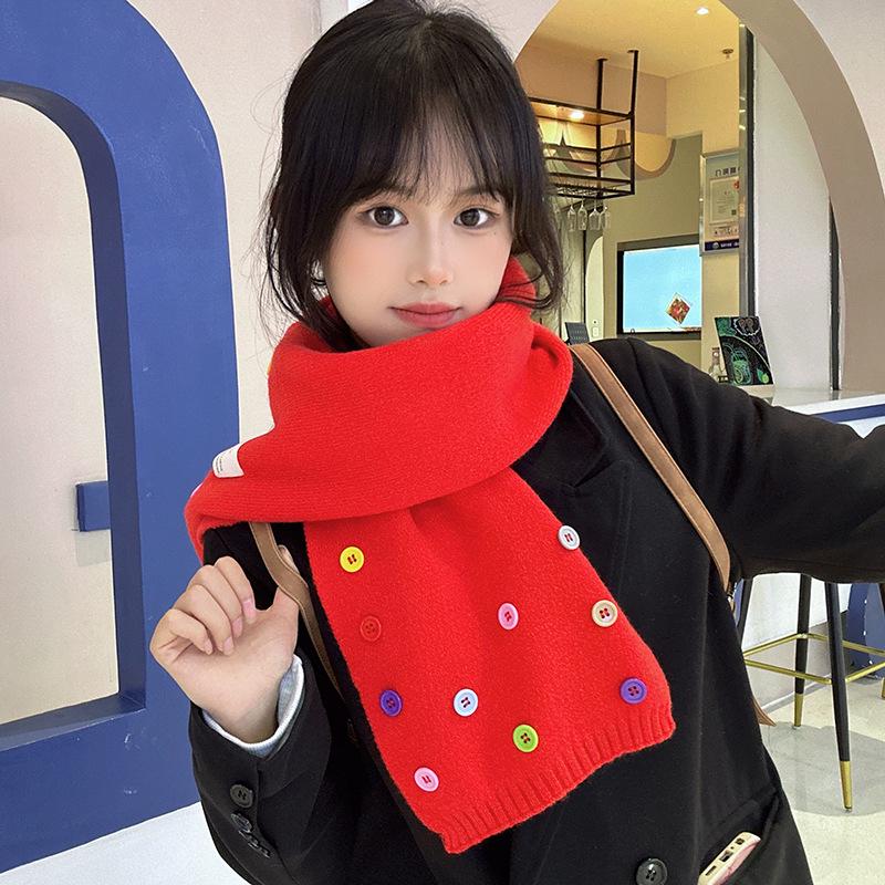 Luochi Knitting~Cute Button Korean Style Wool Scarf – Versatile, Thickened Neck Warmer, Solid Color, Sweet Winter Accessory.