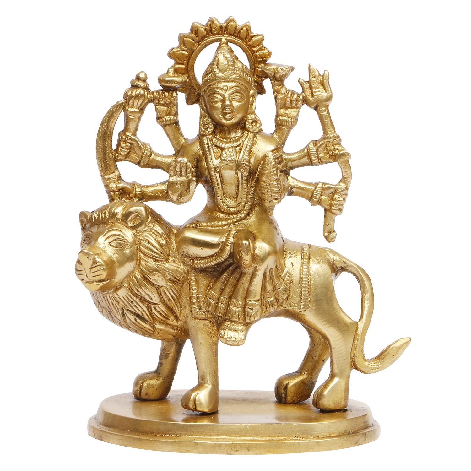 100% Pure Brass Durga Maa Murti, Sherawali Mata Ambe Maa Idol, Gold - 5.5 Inch
