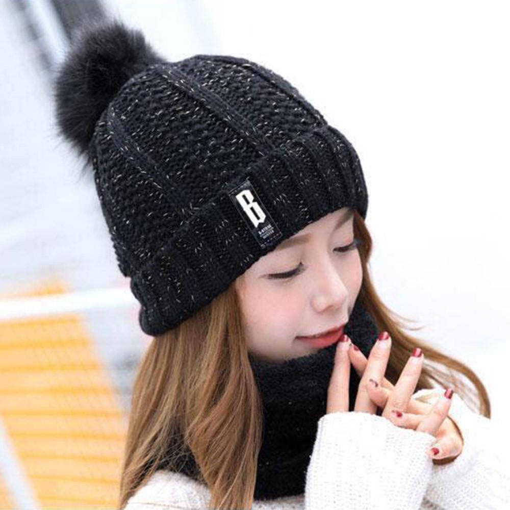  Women Ladies Warm Winter Hairball Plus Velvet  Knitted  Cap+Scarf 