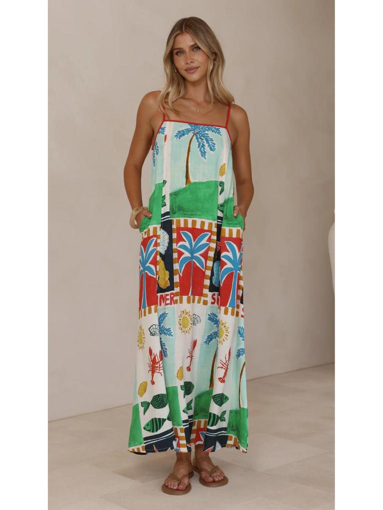 2026 Casual Holiday Printed Linen Slip Dress