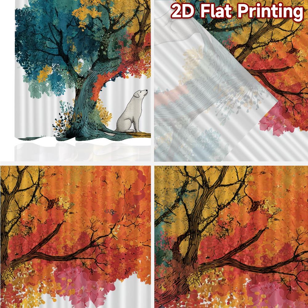 2D FLAT PRINTING 2pcs Curtains (Without Rod) Colorful Tree with Butterflies and Dog Popular Curtains&Drapes Durable 100%