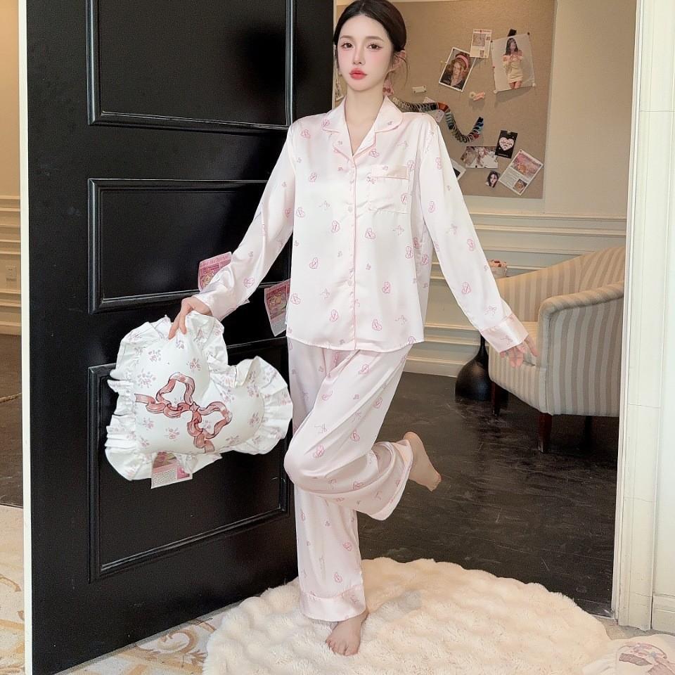 Spring and summer new pajamas women's ice silk pink series full of love long sleeves trousers cute summer thin suit