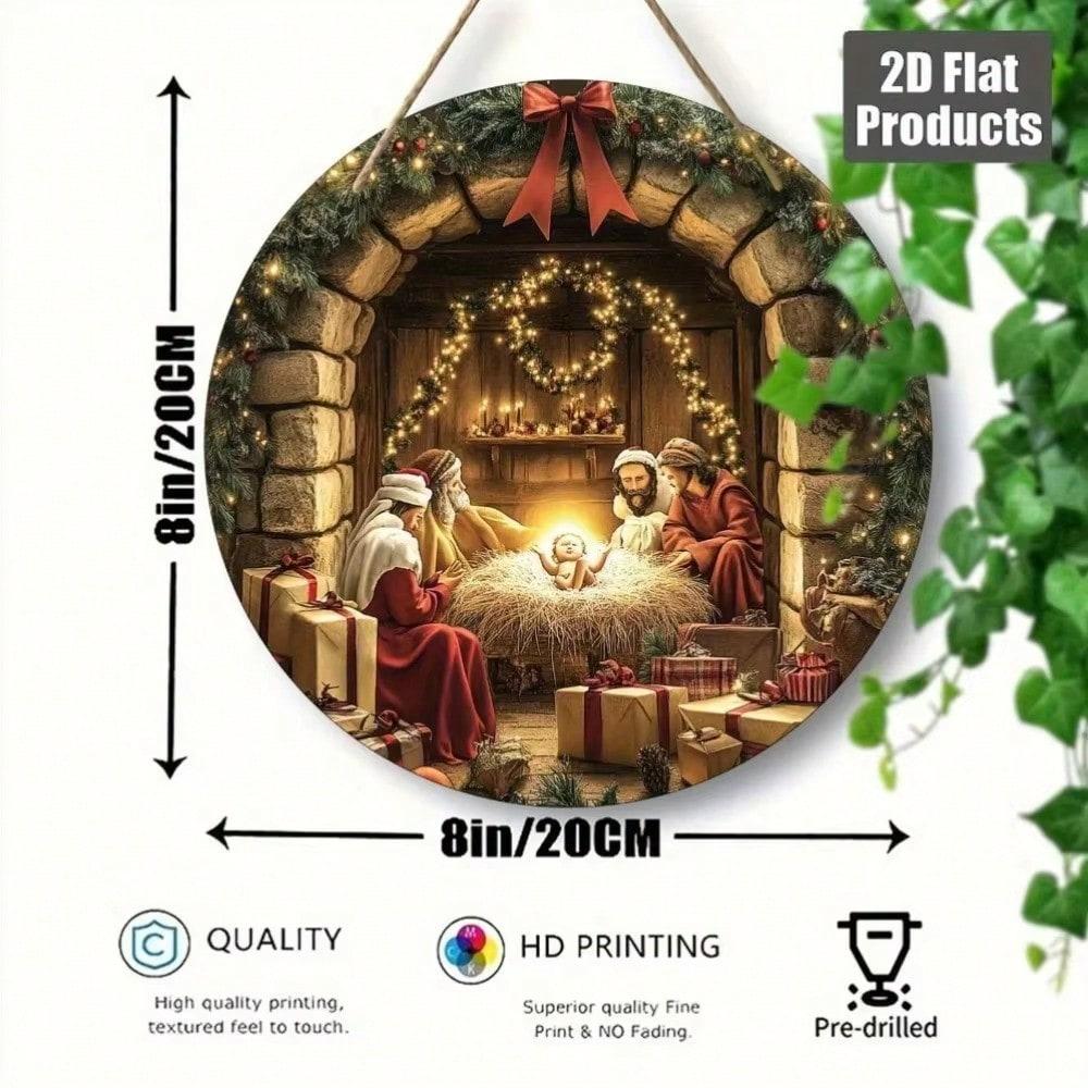 

2D Flat Vintage Christmas Wall Decor Nativity Scene Round Metal Tin Sign for Home 20x20 різнокольоровий