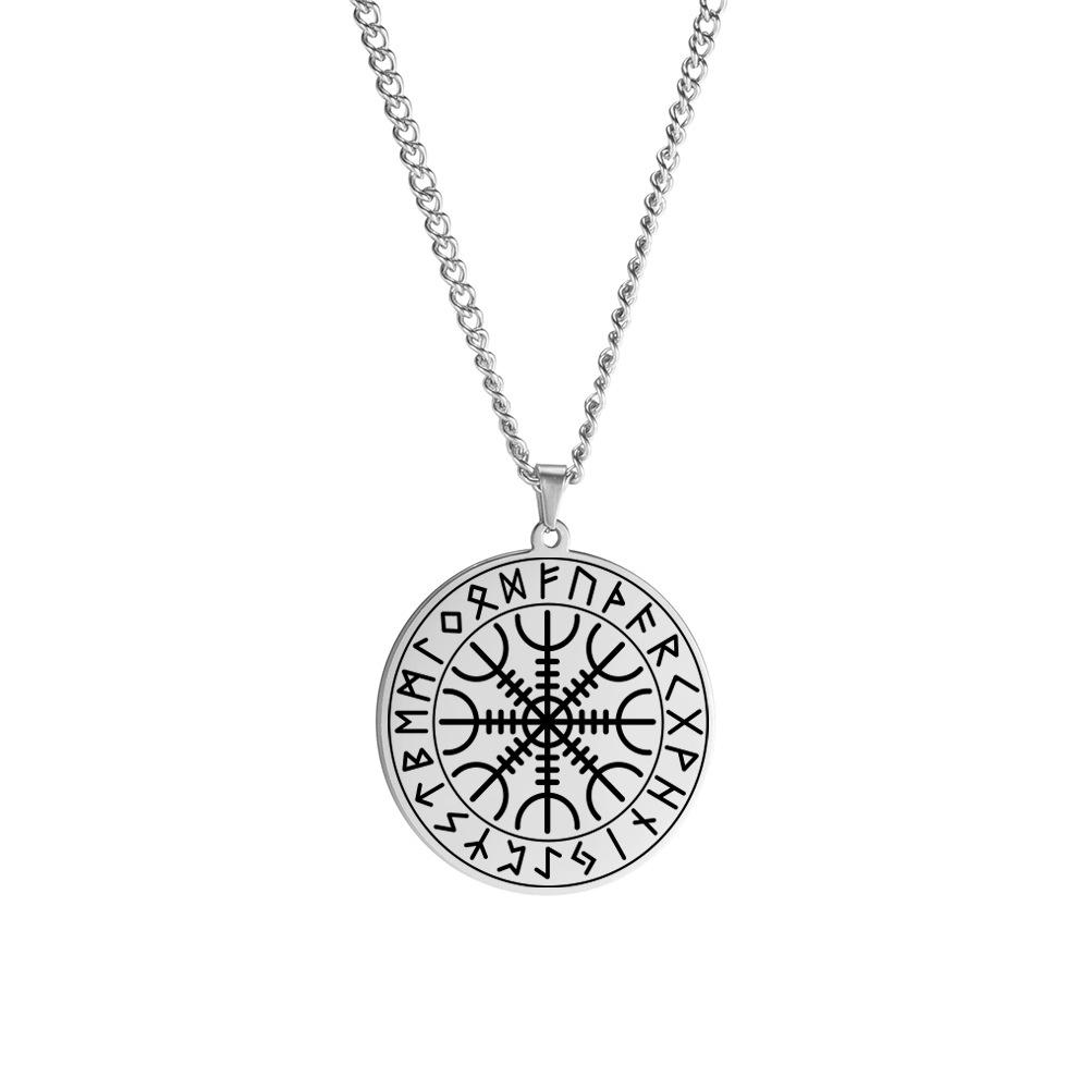 Laser Engraved Compass Design Titanium Steel Round Pendant Necklace Stylish Unisex Fashion Jewelry