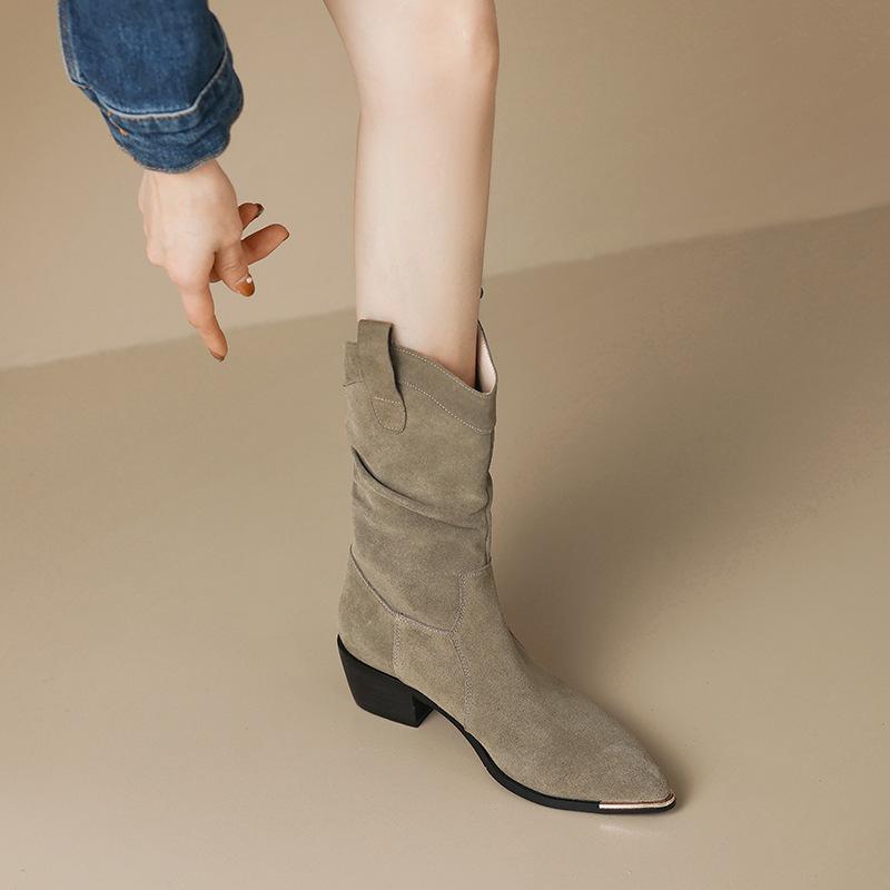 Sharp Pointed Stacking Boots for Women 2025 New Retro Short Boots with Thick Heels Western Cowboy Boots