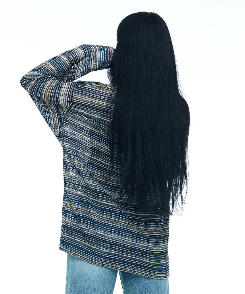 C WEAR BY THE GENIUS See-Through Craft Knit Pullover Blue