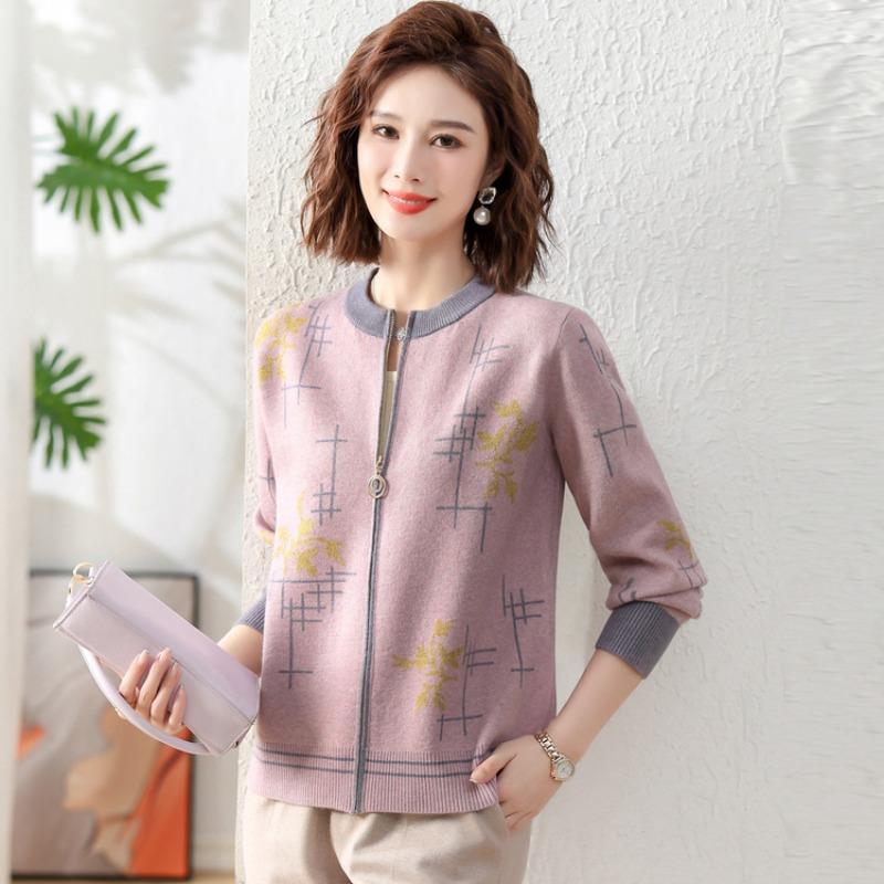 Autumn and winter new middle-aged and old mothers wear women's knitted sweater bottoming shirt temperament zipper top round neck pullover loose