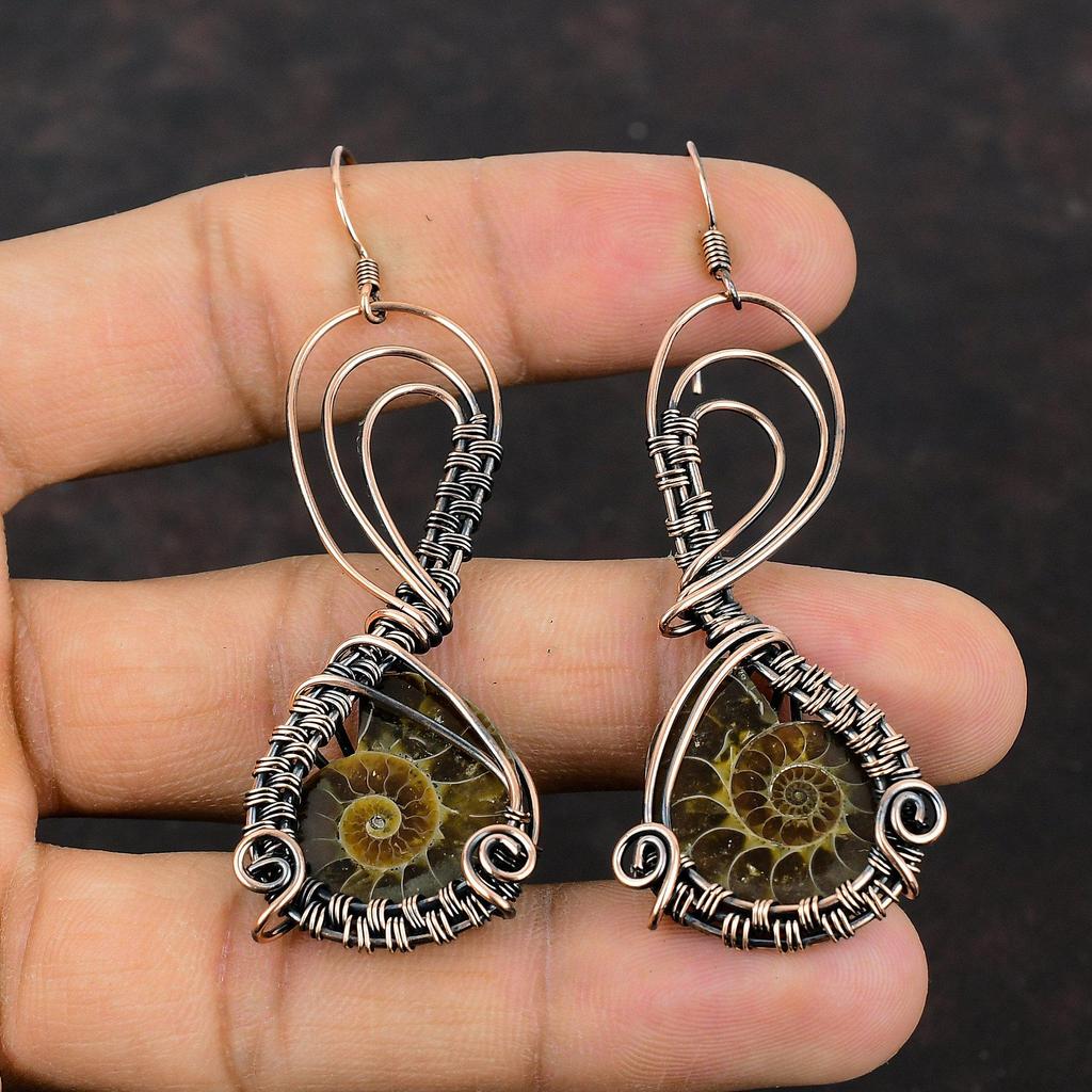 Ammonite Fossil Earrings Copper Wire Wrapped Earrings Copper Jewelry Gemstone Earring Handmade Wire Wrapped Jewelry Drop Earrings For Gift