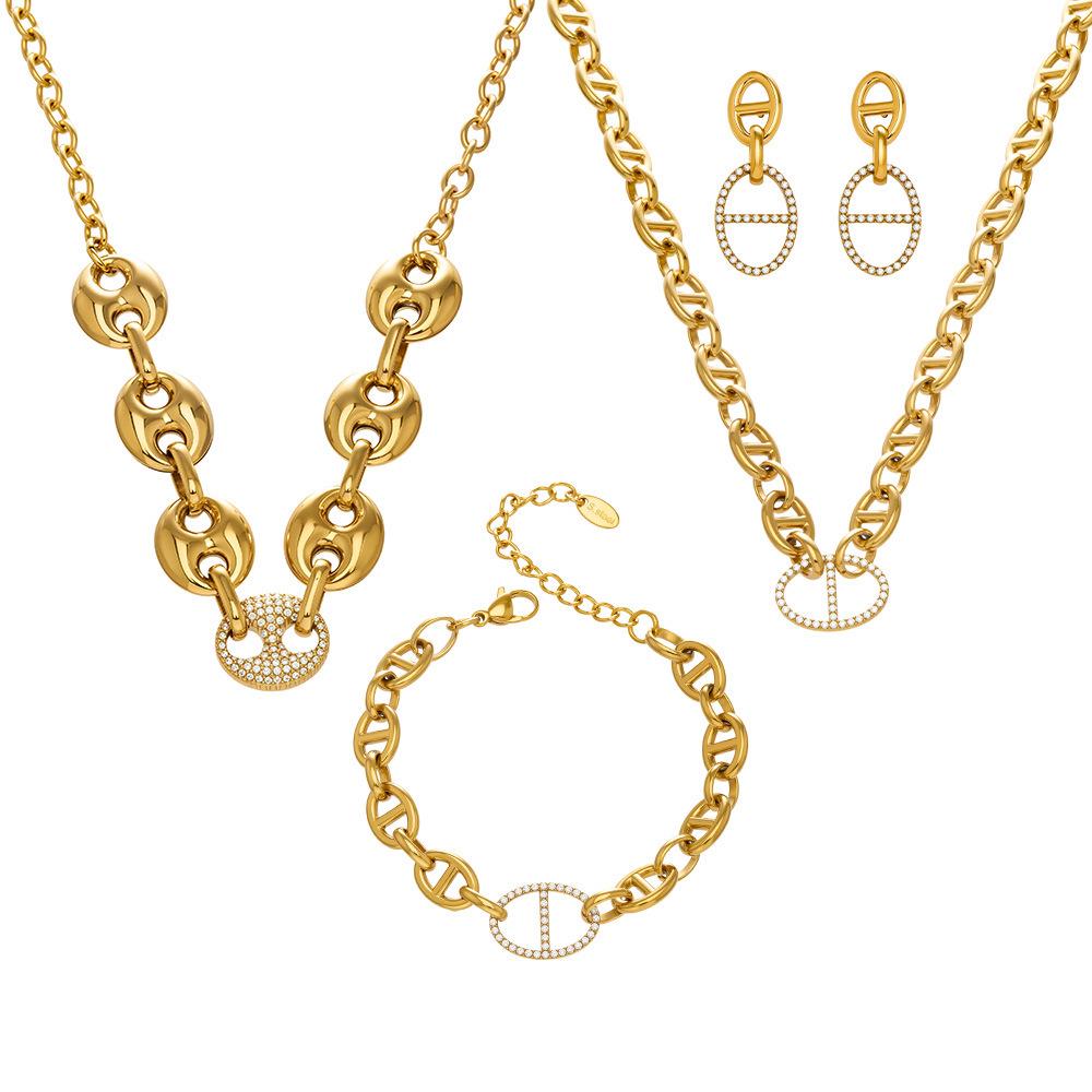 Stainless Steel Pig Nose Zircon-Inlaid Jewelry Set: Necklace, Bracelet, Earrings