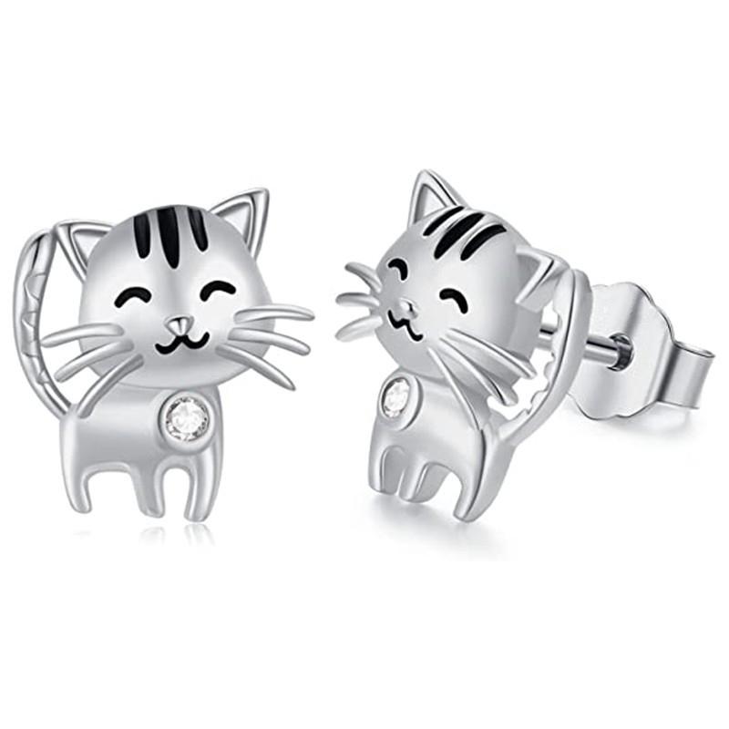 Creative Cat-shape Women Stud Earrings Silver Color White CZ Delicate Animal Pet Earrings Friends Gift Statement Jewelry