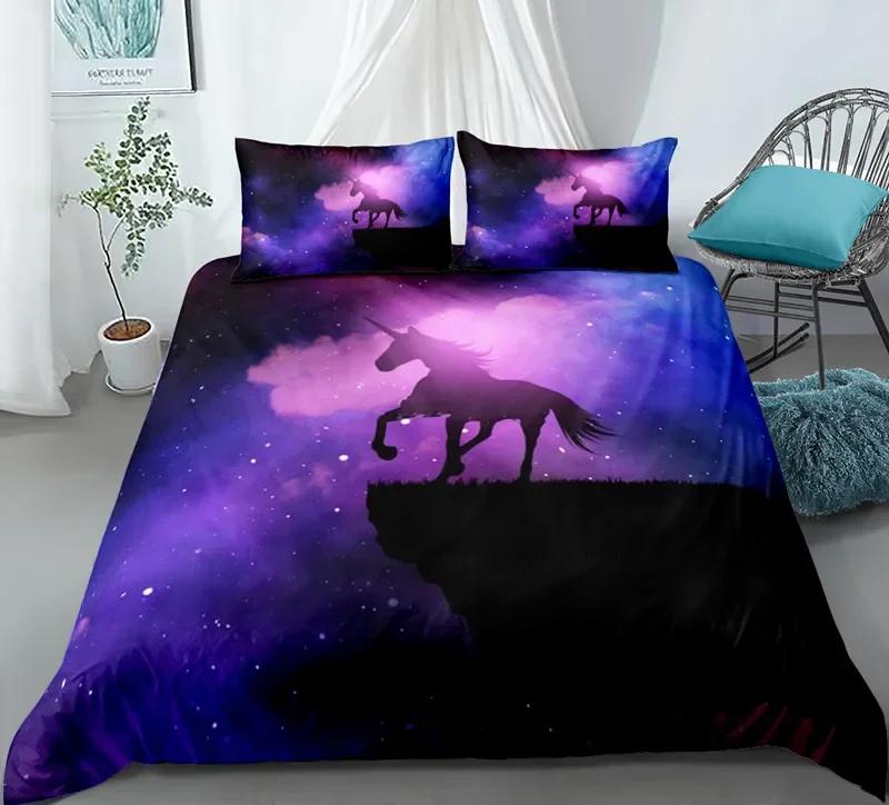 Jednorožec King Queen Povlak na přikrývku Kreslené zvíře Rainbow Universe Sada povlečení pro děti Teen Cosmic Starry Sky Polyester Povlak na přikrývku