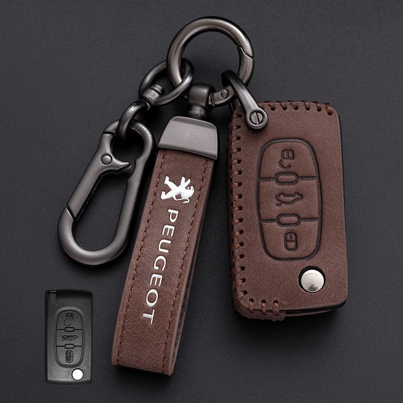 

2026 Hot Car Sticker Leather Car Smart Remote Key Case Cover Protector for Peugeot 107 207 307 308 407 607 3008 5008 Auto Keycha