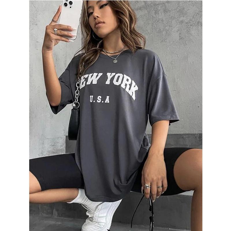 Blessyuki New York Tricouri cu imprimeu cu litere pentru femeie de vară Tricouri de bază cu gâtul O Casual Retro Streetwear pentru damă Harajuku Topuri de mărime mare