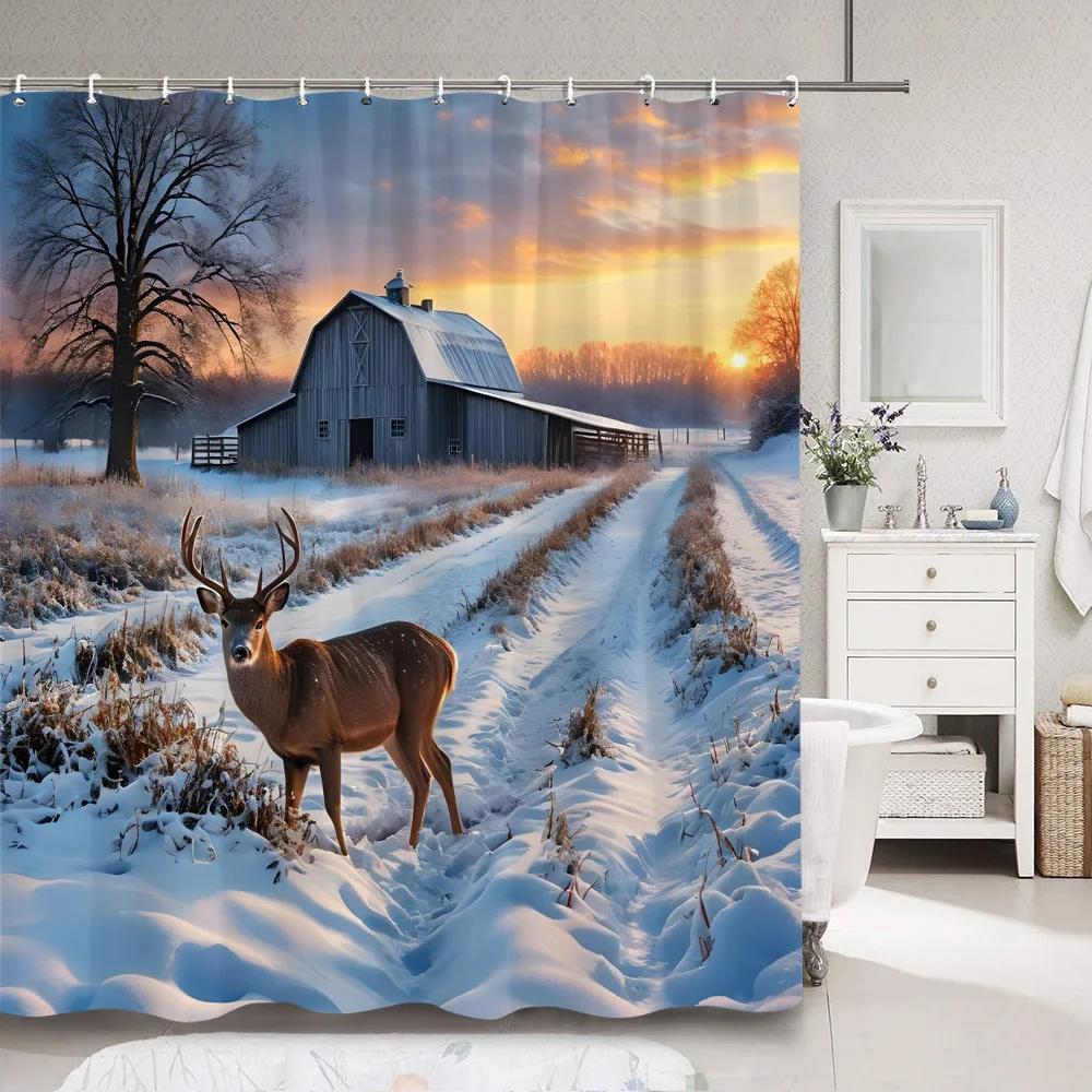 Deer Shower Curtain Deep Forest Autumn Nature Landscape Animal Thanksgiving Polyester Shower Curtains Bathroom Decor with Hooks