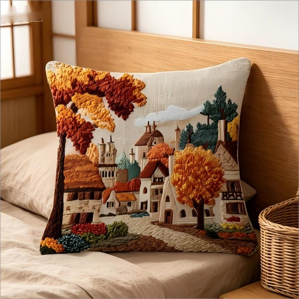 Autumn Village Print Throw Pillow Cover, Faux Embroidery Style Landscape Decorative Cushion Case For Sofa Bedroom