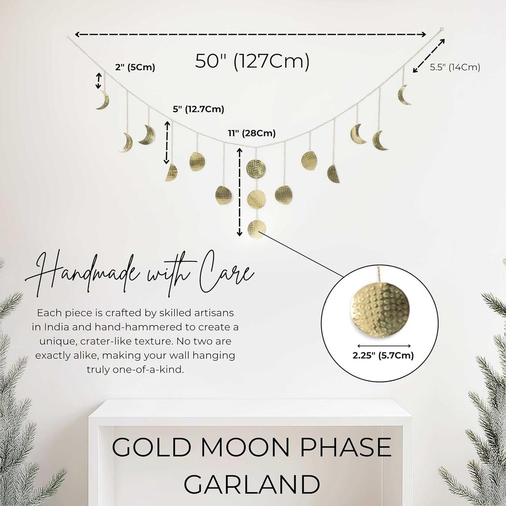 Moon & Crafts Boho Moon Phase Wall Hanging 50” Gold Brass Garland, 15 Handmade Hammered Moons, Celestial Wall Decor for Bedroom, Living Room &