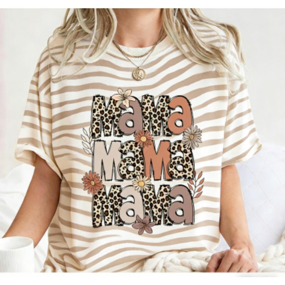 Funny Grid Stripe Leopard Mama Print Women's Short Sleeves T-Shirt Loose Casual Summer Outdoor Street Women's Tees Tops