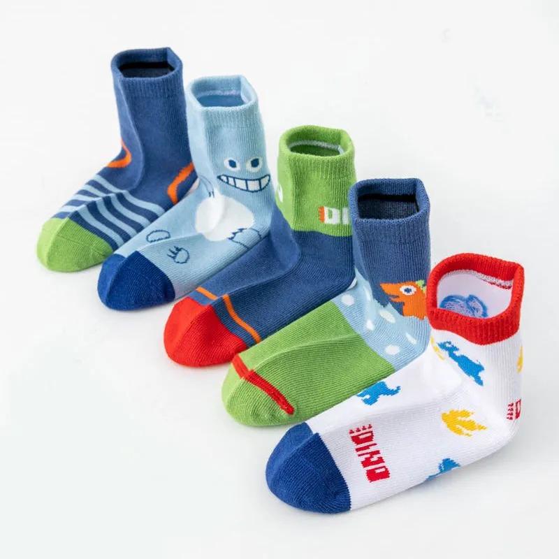 5 Pairs Cartoon Children Socks Cute Dinosaur Pattern Soft Breathable Cotton Boys Girls Kids Sports Socks for 1-12Years