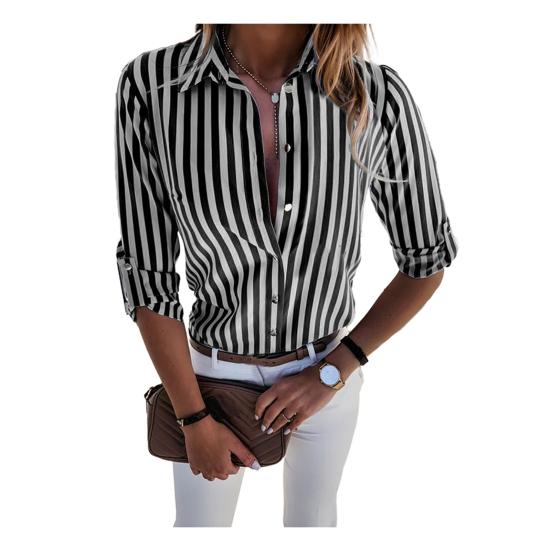 Women Fashion Long Sleeve Turn Down Collar Vertical Stripes Office Shirt Blouse