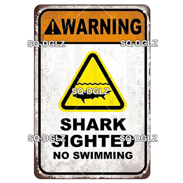 SQ-DGLZ Vintage Metallskylt Varning Haj Poolregler Tennskylt Havsbutiksskylt Hembar Väggdekor Klistermärke Dekorationsplatta Affisch