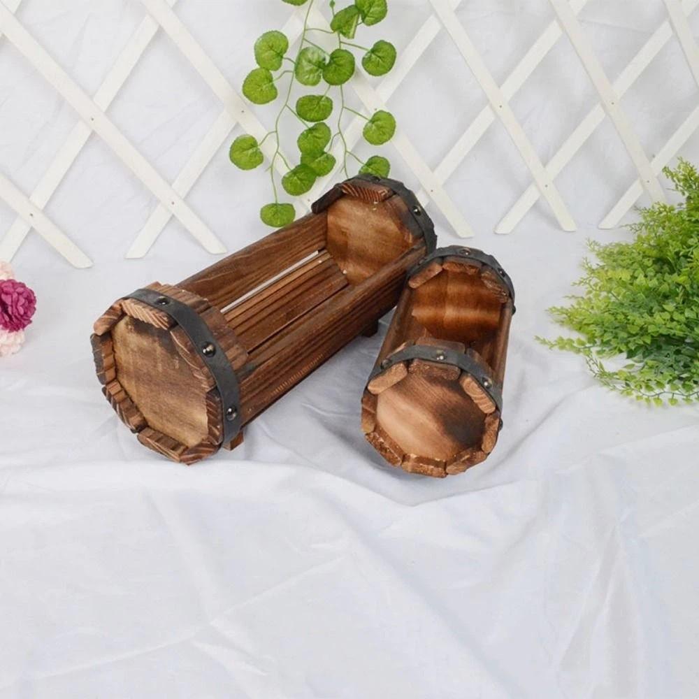 Rustic Wooden Barrel Planter Box Solid Flower Containers Half Barrel Planter  Outdoor Garden