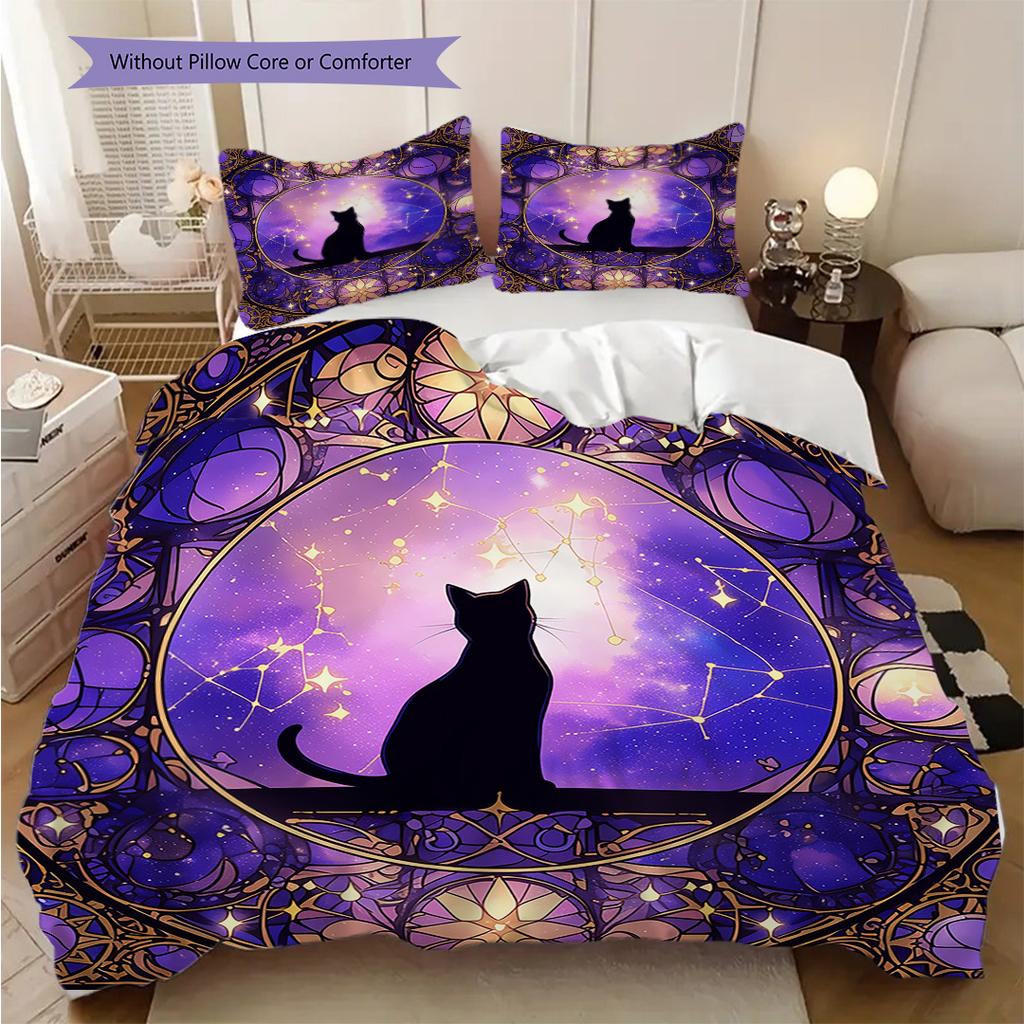 Black Cat Pattern Bedding Quilt Set Quilt Cover Pillowcase Home Decoration Birthday Gift (1 * Duvet Cover + 2 * Pillowcase, Without Core)