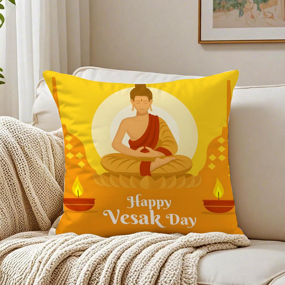Daily Life V-Vesak Buddha'S Birthdays Cushion Cover Linen Pillowcase Soft For Sofa Bed Home Room Decor