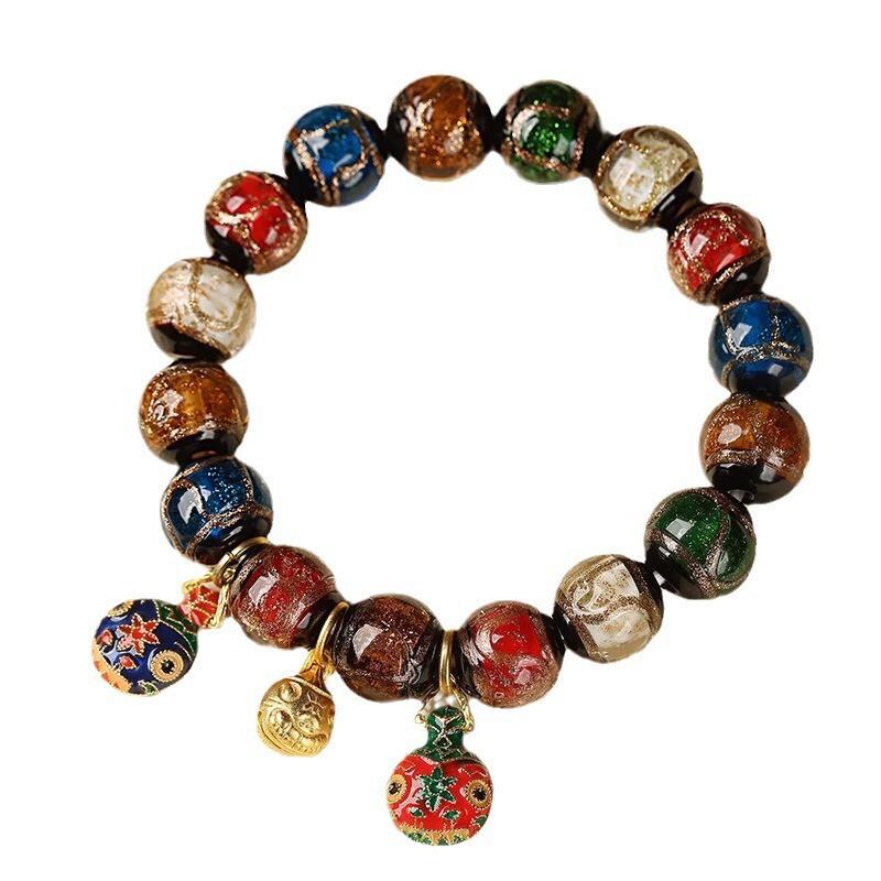 Handmade Antique-Style Glass Bead Bracelet Men Women 17-Bead Ethnic Style Charm With Mythical Beast Motif