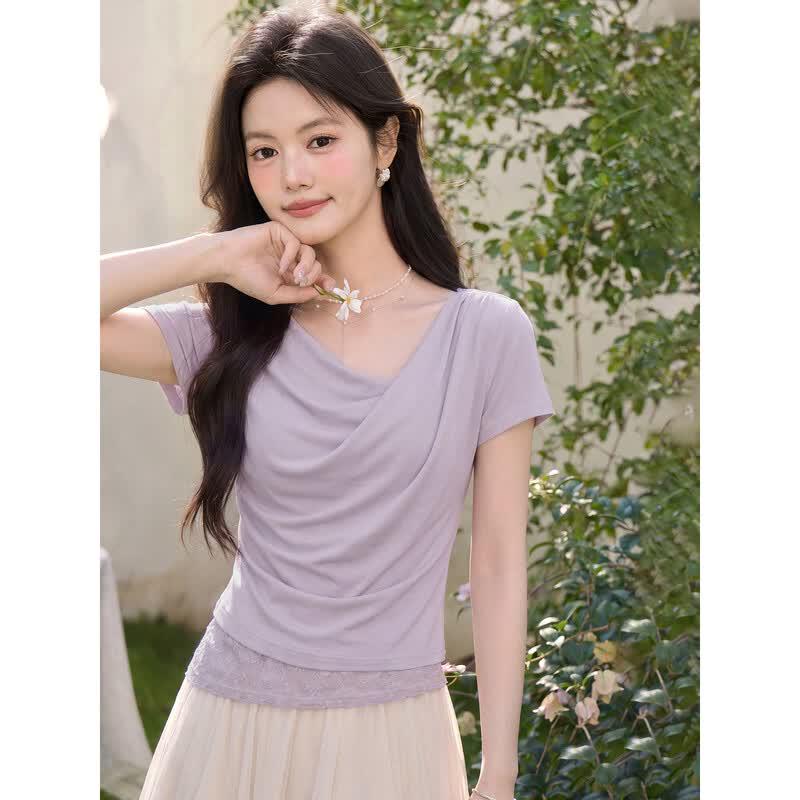 Women s Purple Lace Faux Two-Piece Short-Sleeve T-Shirt S