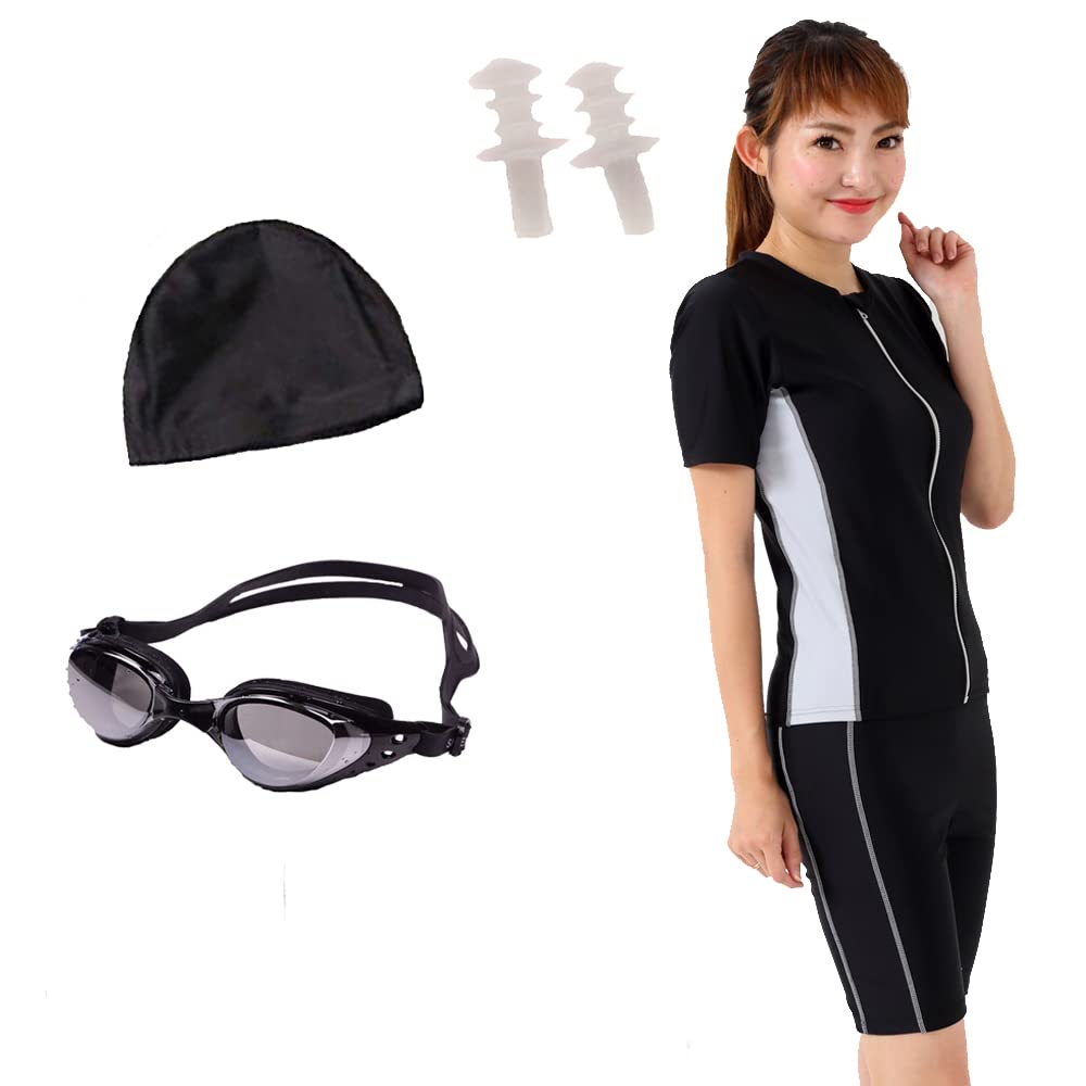 Le Mode de Toa Fitness Separate Short Sleeve Swimsuit with Swim Plus Top and Bottom Includes A135 Black Women's Swimsuit, Cap, Sizes, Set, Anti-Flip,
