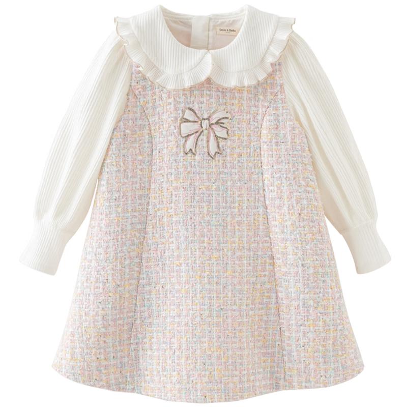 DAVE & BELLA Girls' Spring Pink Plaid Faux Two-Piece Long Sleeve Dress