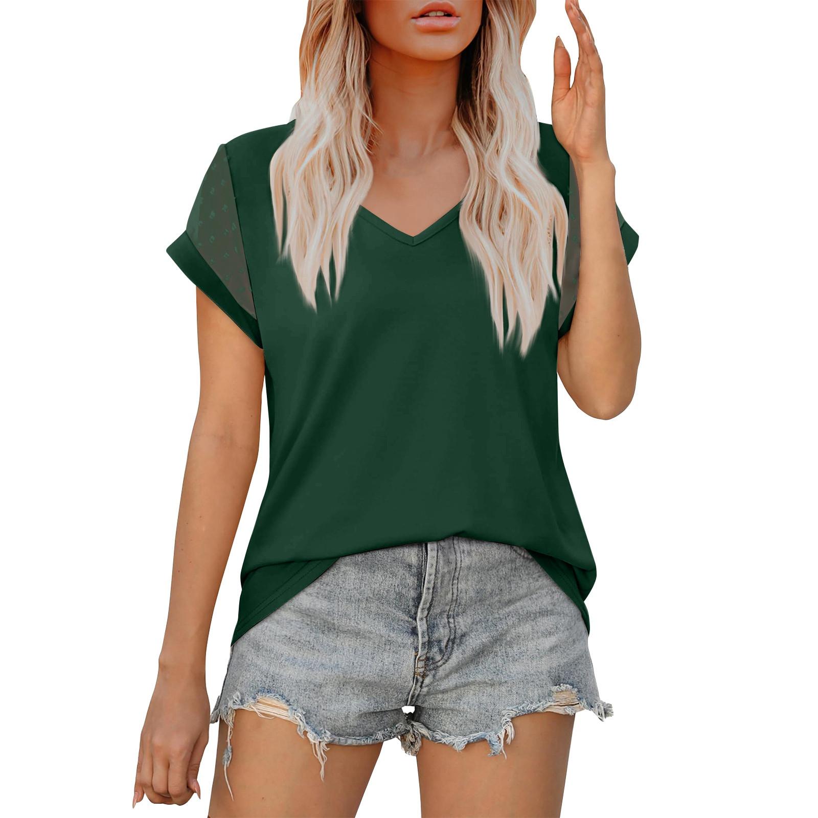 

Женские топы с короткими рукавами, повседневные свободные футболки с v-образным вырезом, милые однотонные топы-туники с короткими рукавами L армия зеленый