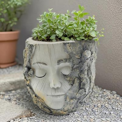 Handmade Girl Face Stump Planter 5" Resin Head Tree Stump Flower Vase with Drainage Hole for Outdoor Garden Patio Desk Decor