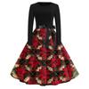 Women's Vintage Christmas Print Long Sleeve Round Neck Evening Party Dress for Holiday Events