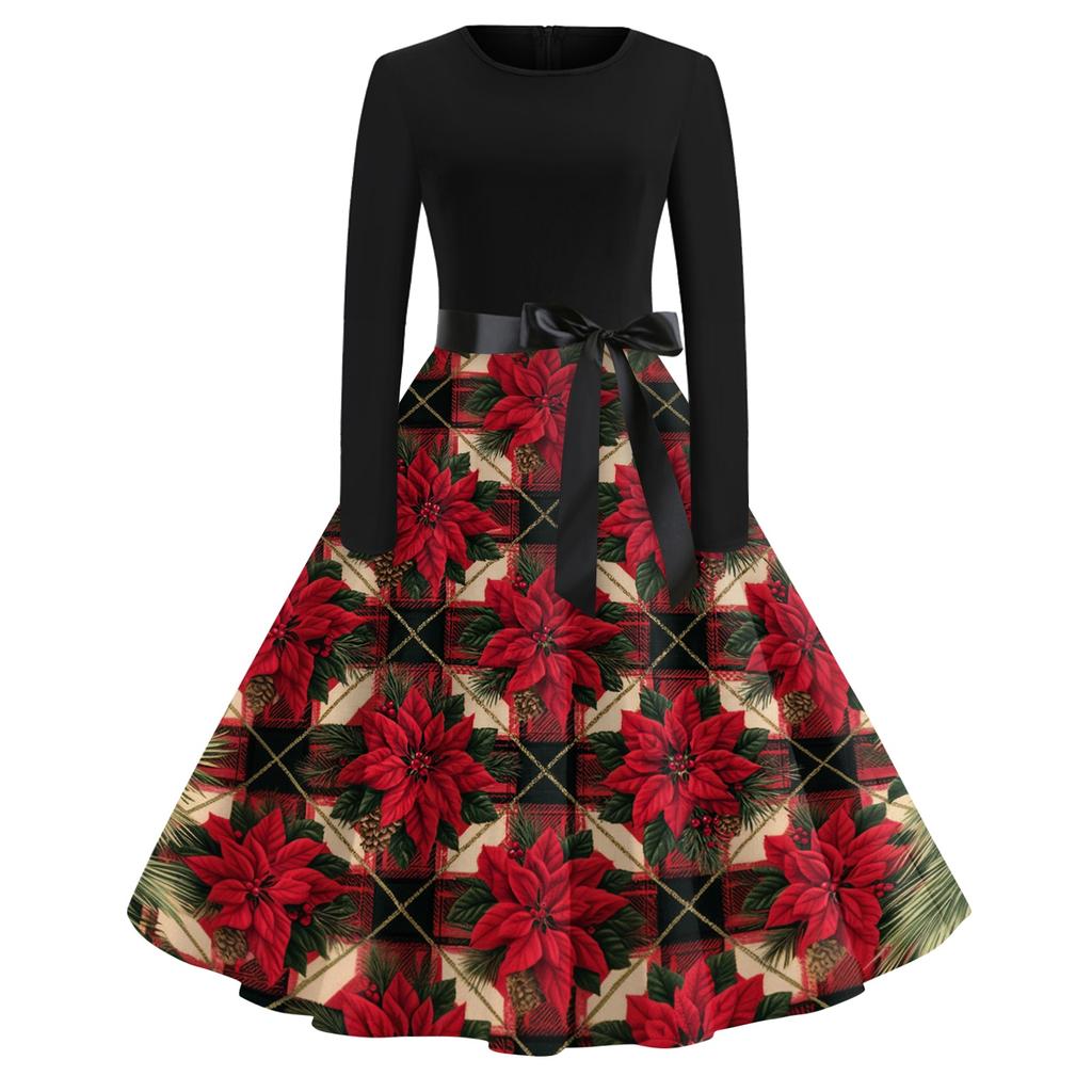 Women's Vintage Christmas Print Long Sleeve Round Neck Evening Party Dress for Holiday Events