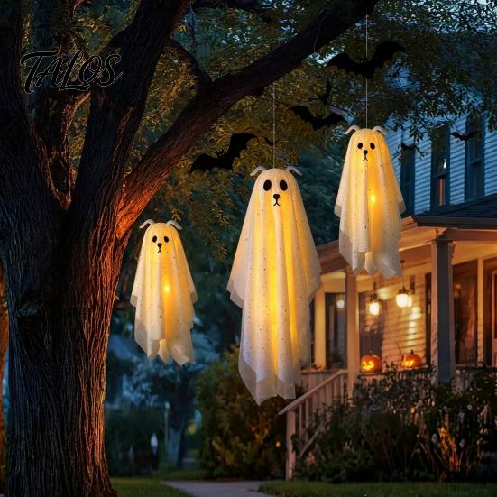 Playful Ghost for Indoor Parties 3 Pcs Lighted Dog Hanging Ornaments, Spooky Halloween Outdoor Flying Yard Ornaments Gauze with LED Light Tree